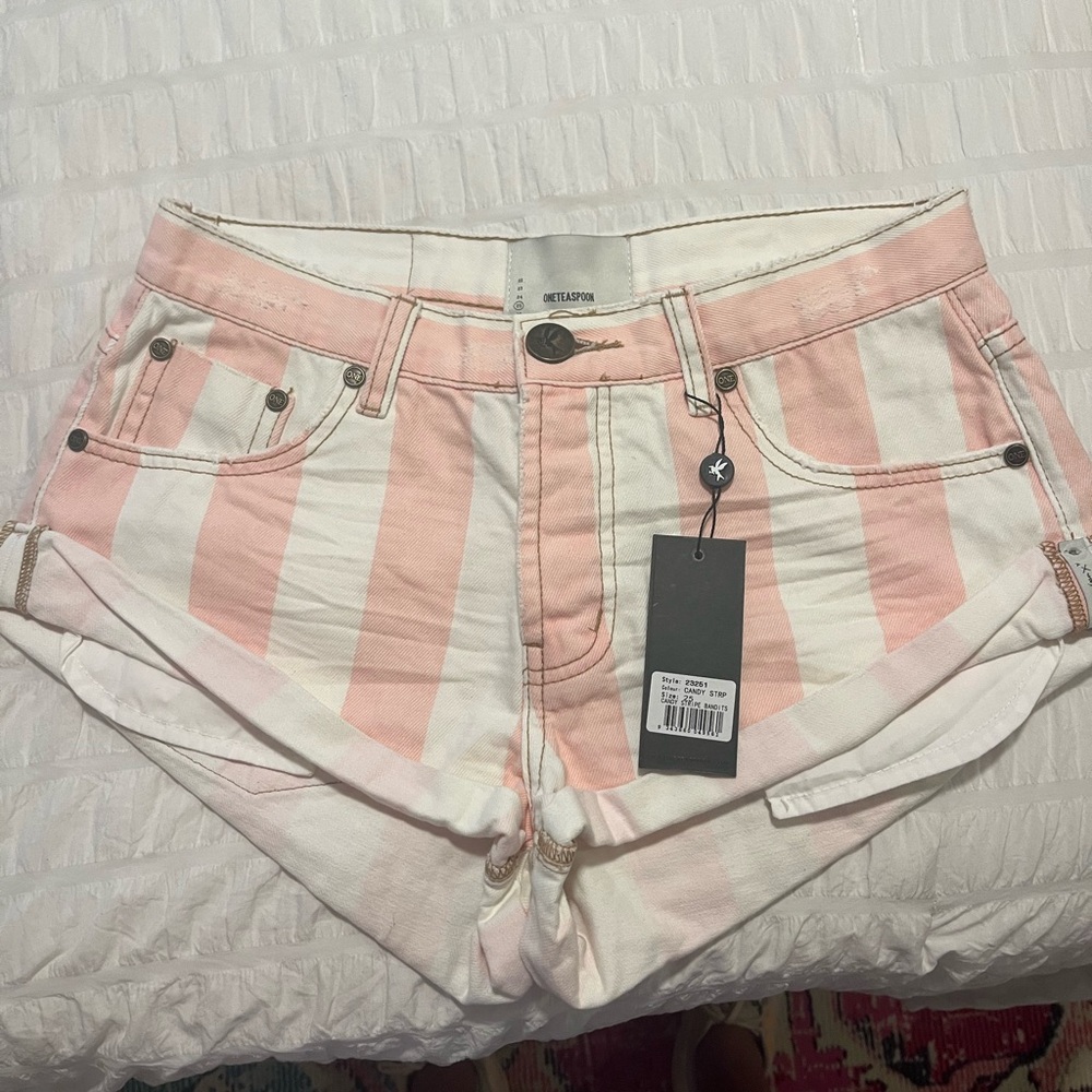 One Teaspoon Pink and White Distressed Jean Shorts
